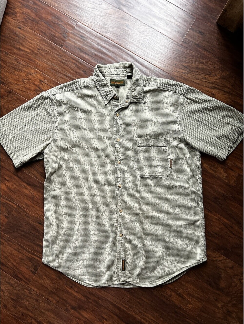 Timberland Short Sleeve Button Up Shirt Waffle Plaid Green And Beige Men XL